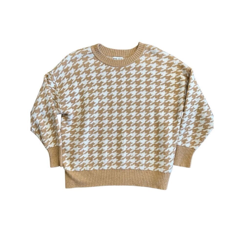 Ava & VIV Women’s Houndstooth Tan White Pullover Long Sleeve Crewneck Sweater